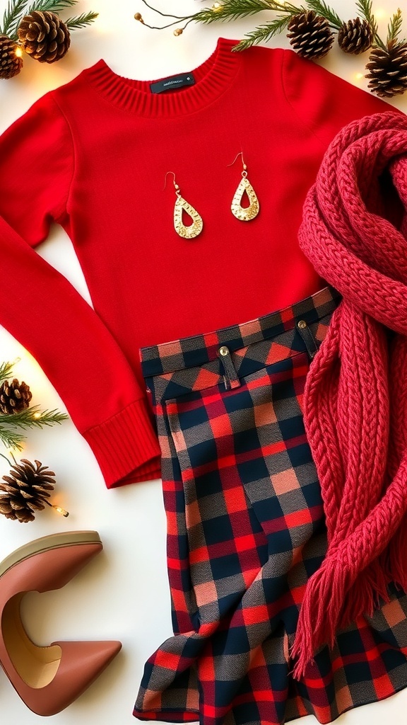 Festive Christmas Aesthetic Fashion Guide Flat lay of Christmas fashion items including a red sweater, plaid skirt, and gold accessories on a festive background.